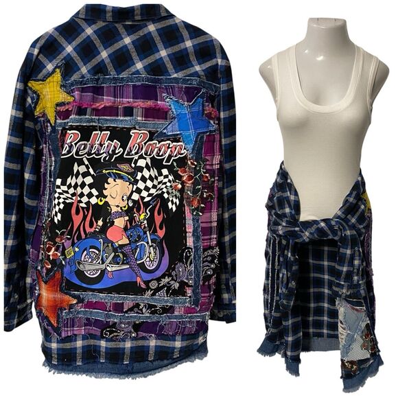 Upcycled Flannel Shirt Shacket Womens 1X Boop Motorcycle Grunge Patchwork Art - Picture 9 of 16